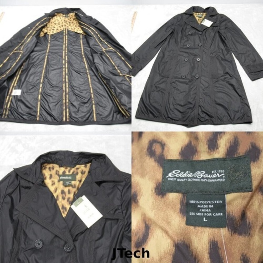 Eddie Bauer Jacket Womens Large Black Lined‎ Double Breasted Trench Coat NEW